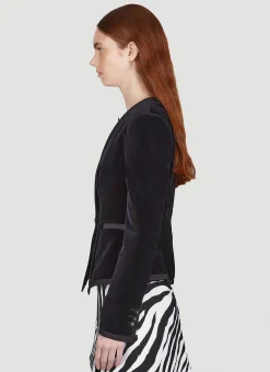 Collarless Velvet Blazer><noscript><img width=