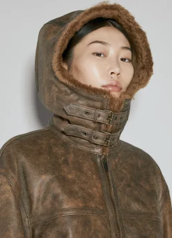 Hooded Leather Aviator Jacket><noscript><img width=