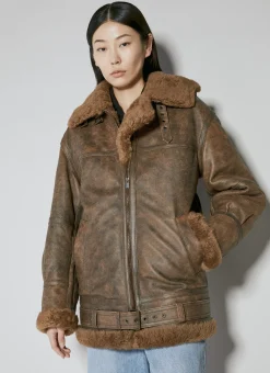 Hooded Leather Aviator Jacket><noscript><img width=
