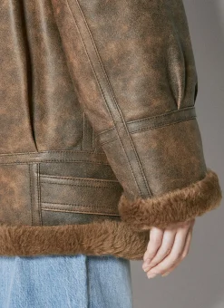 Hooded Leather Aviator Jacket><noscript><img width=