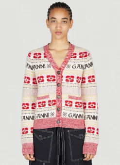 Intarsia Logo Knit Cardigan>GANNI Discount