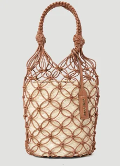 Leather Mesh And Straw Bucket Bag>Miu Miu Sale