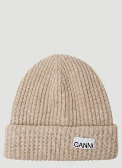 Men GANNI Hats^Logo Patch Ribbed Beanie Hat