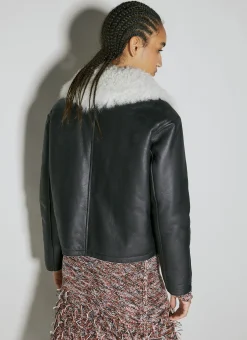 Shearling-Collar Leather Biker Jacket><noscript><img width=