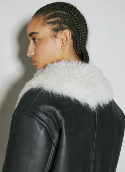 Shearling-Collar Leather Biker Jacket><noscript><img width=