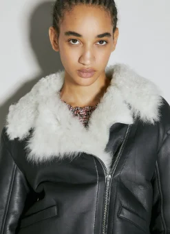 Shearling-Collar Leather Biker Jacket><noscript><img width=