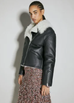 Shearling-Collar Leather Biker Jacket><noscript><img width=